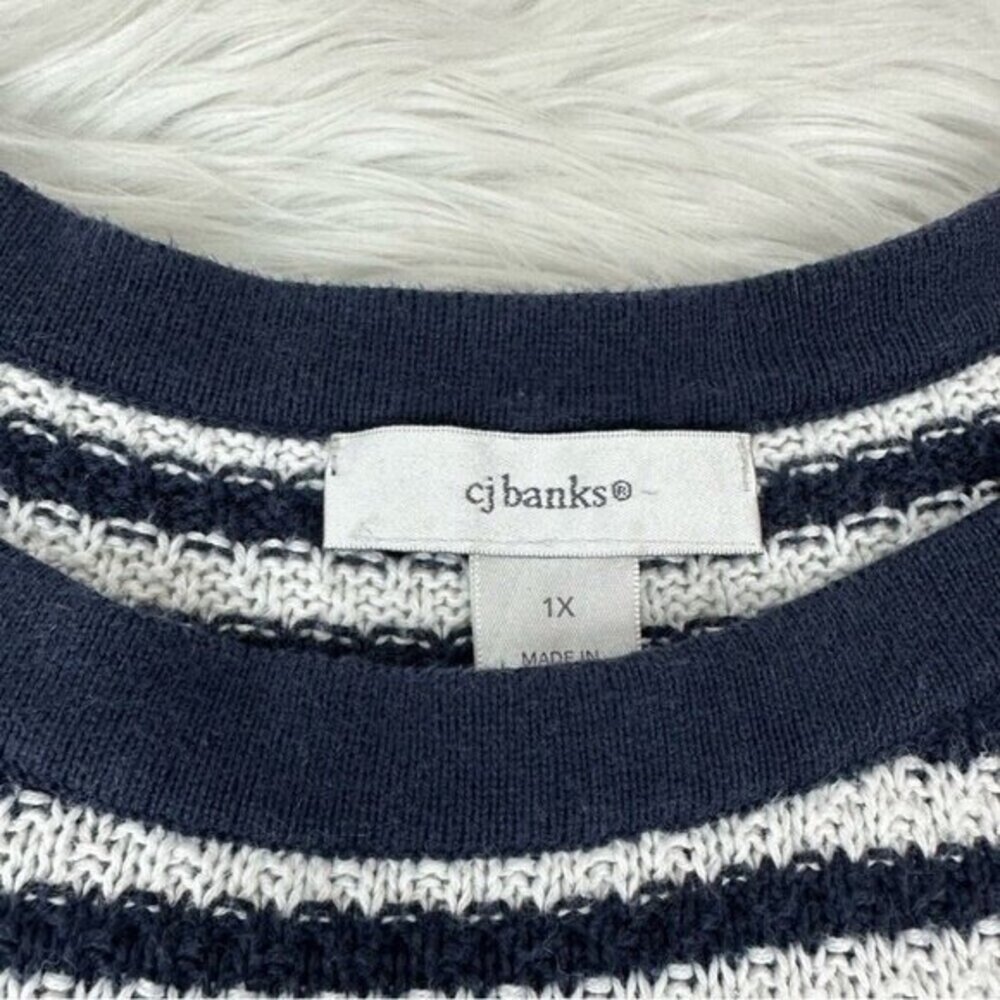 CJ Banks Womens 1X Navy Blue White Striped 100% Cotton 3/4 Sleeve Sweater Top - Picture 7 of 12
